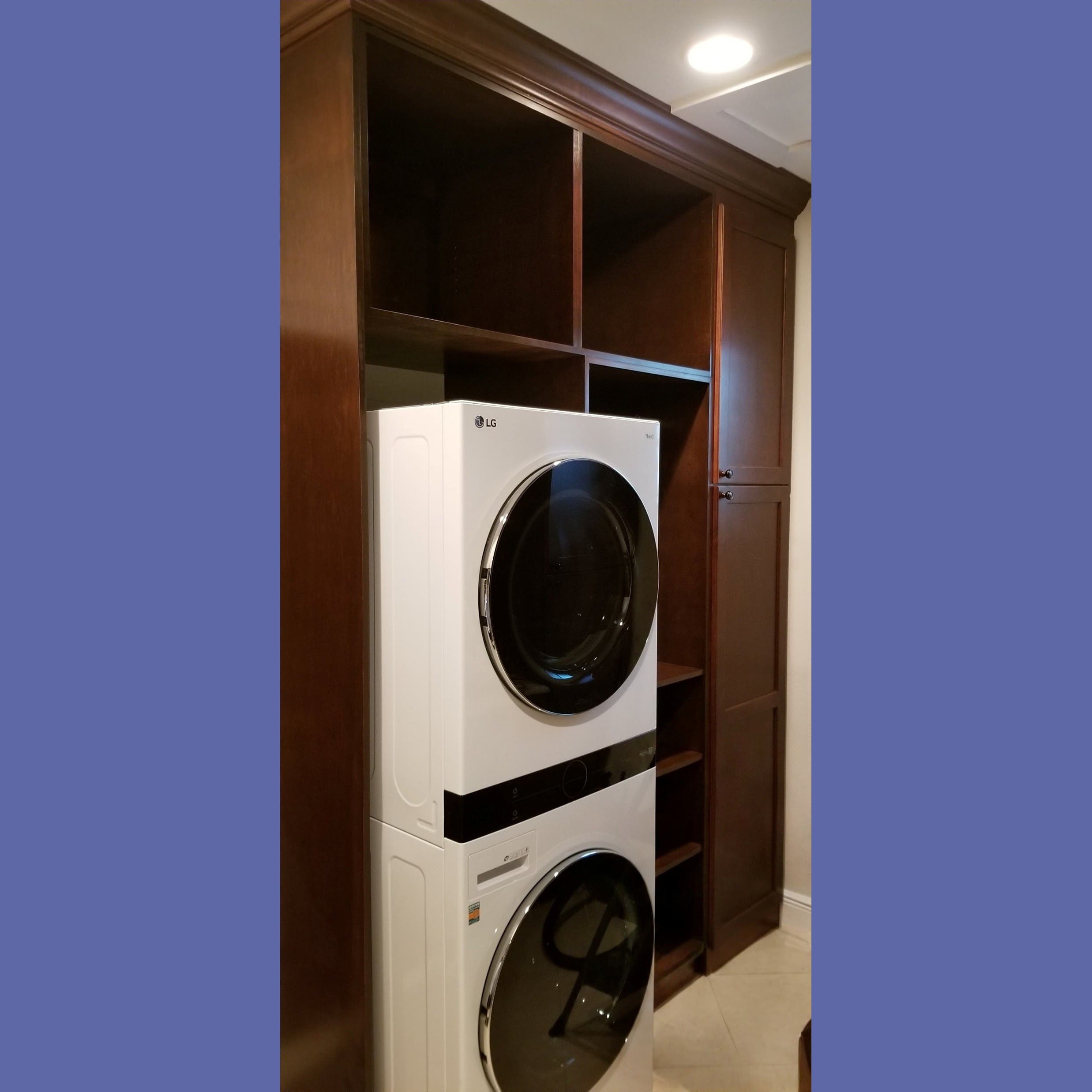 Custom Shaker Laundry Cabinets in Mahogany on Maple — Built‑In Storage Upgrade