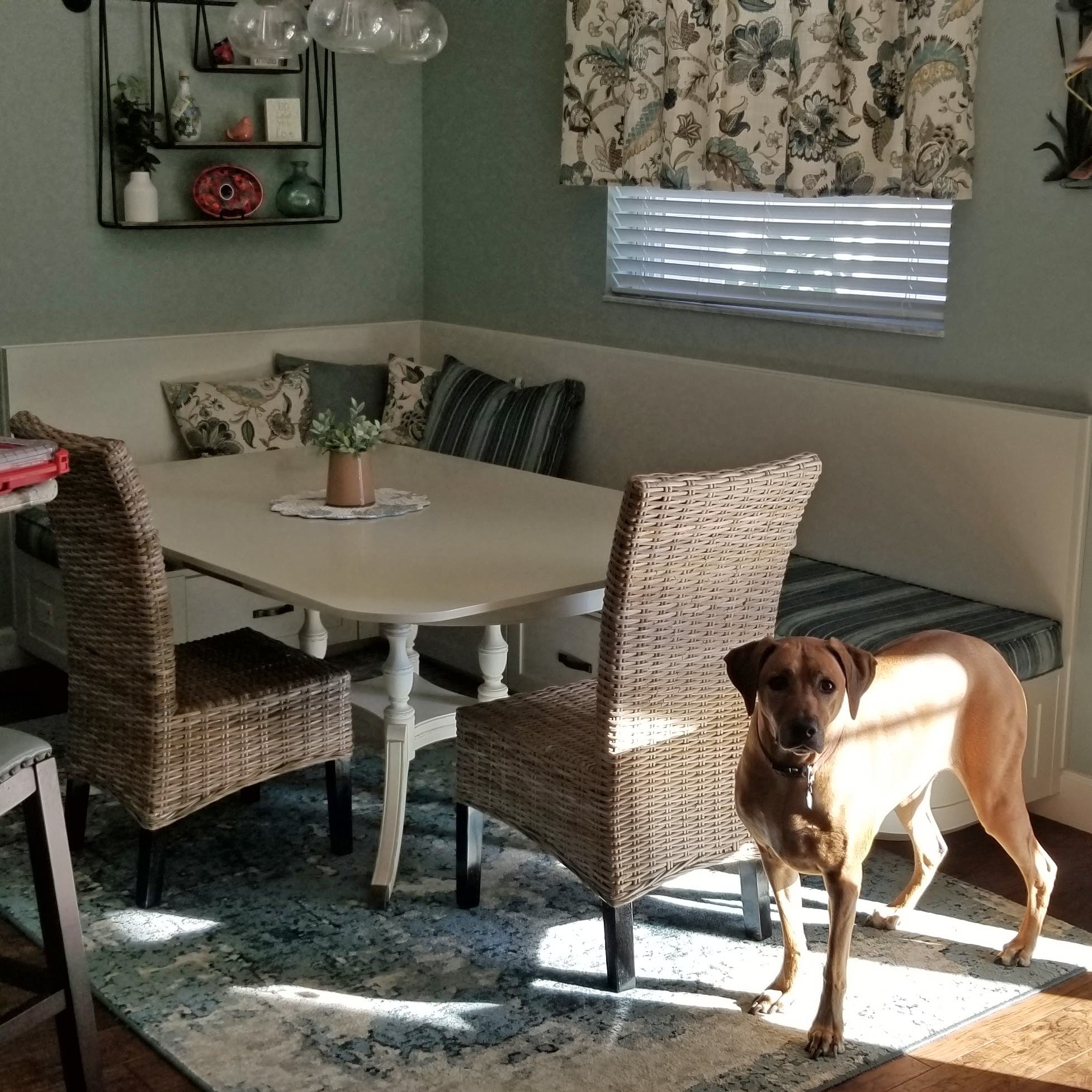 Custom L‑Shape Kitchen Banquette in Oyster White on Maple