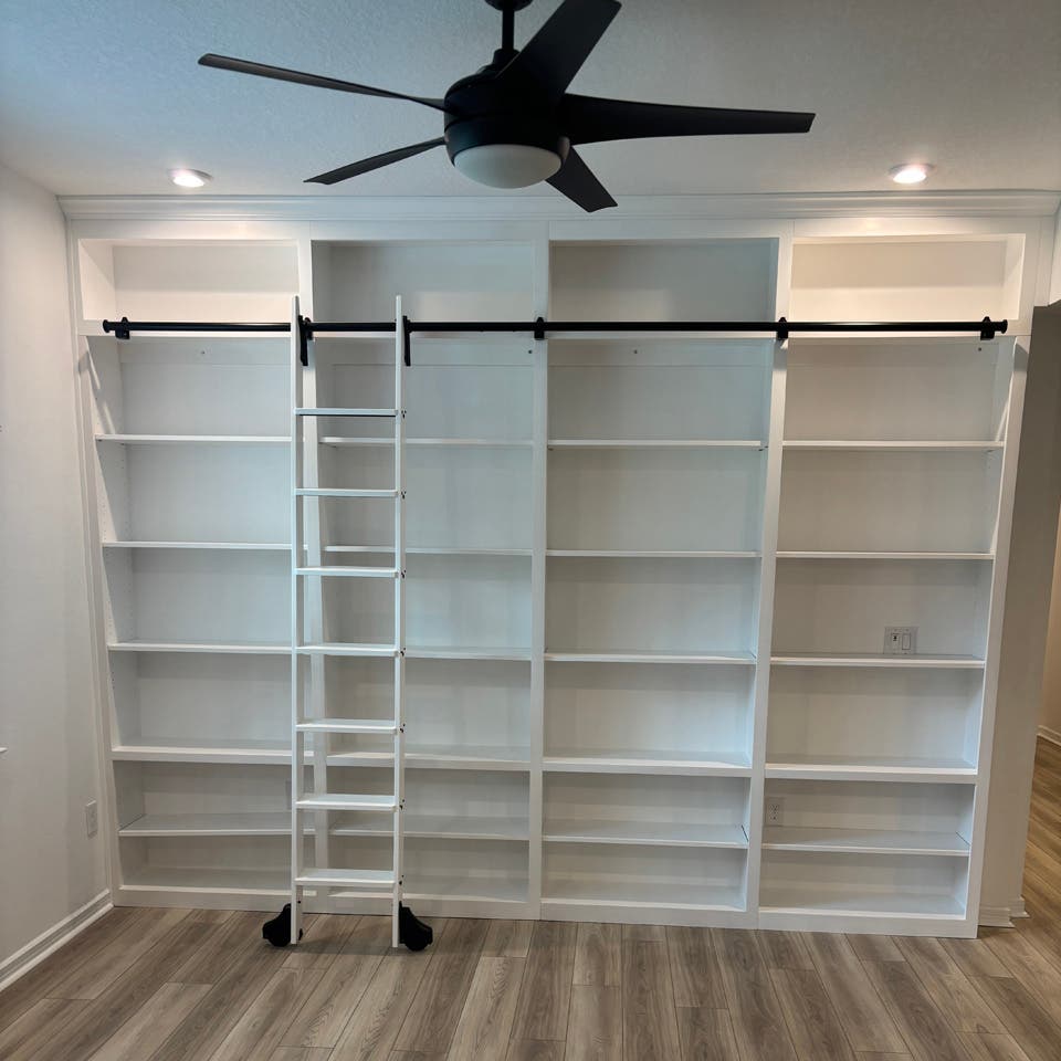 Bright White Shaker Built‑In Bookcase with Sliding Library Ladder