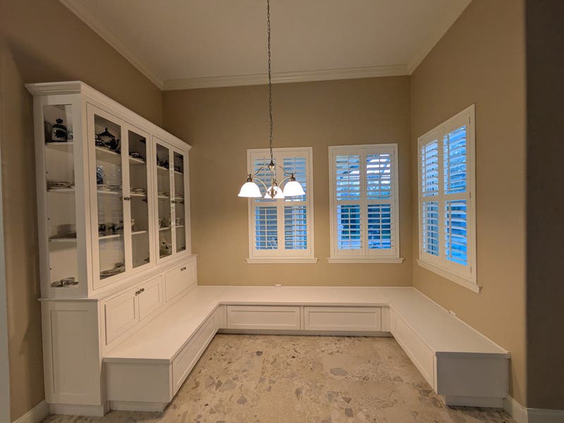 Custom Shaker Breakfast Banquette & China Cabinet in Bright White on Maple