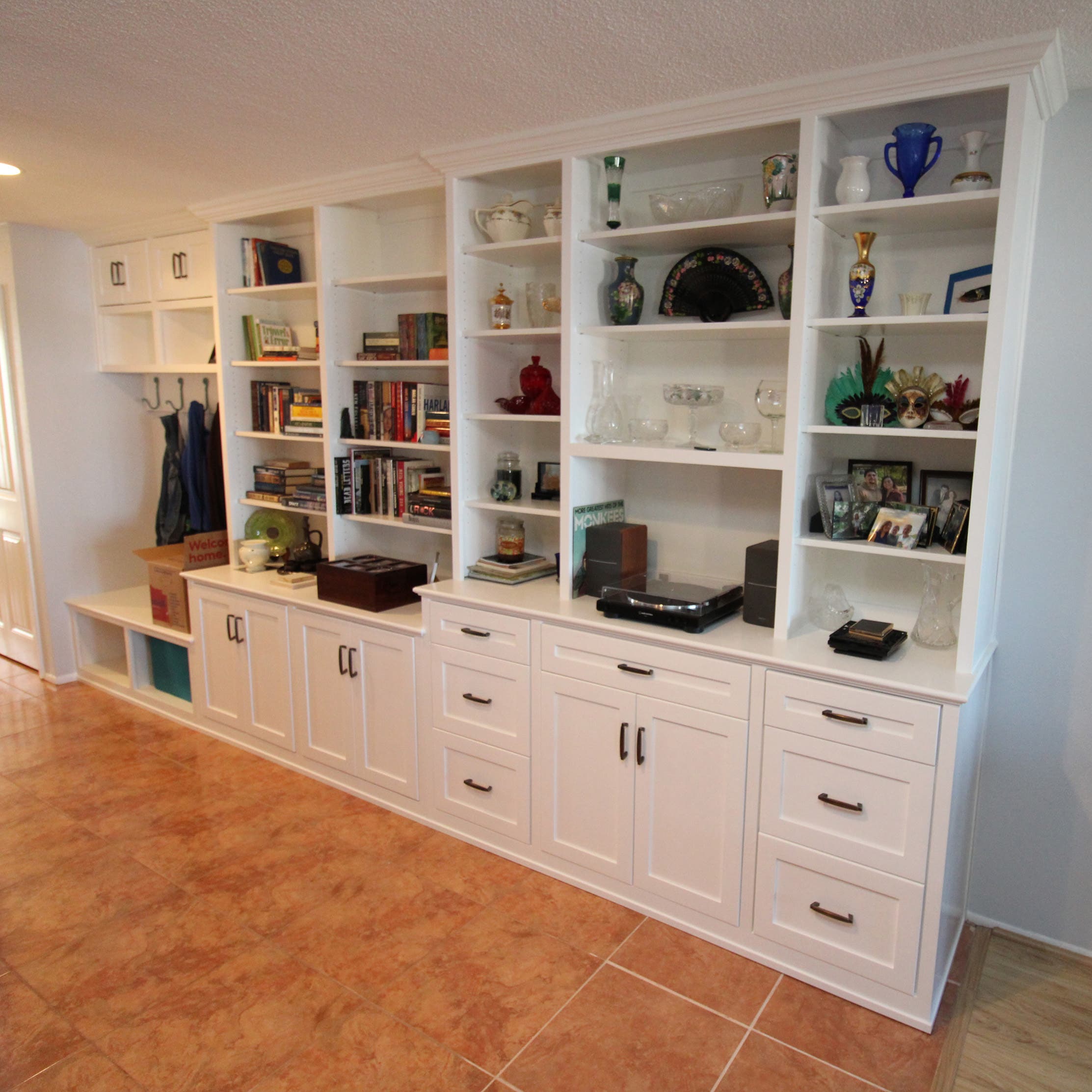 Floor-to-Ceiling Custom Entryway Mudroom Built-In in Bright White Shaker Style