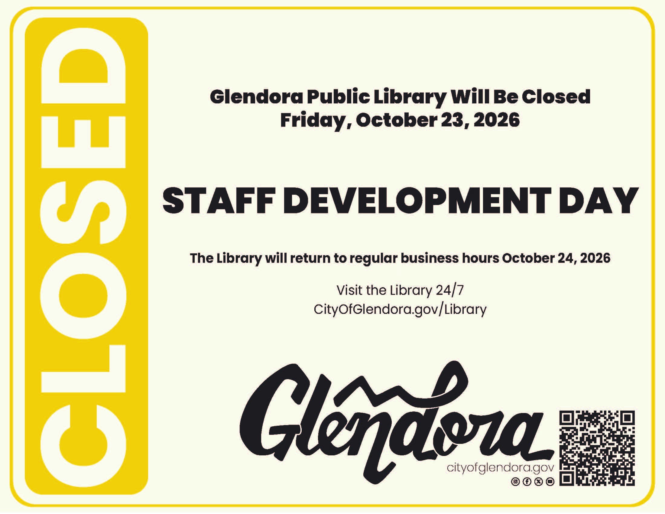 Glendora Public Library closed on Friday, 10/23/26