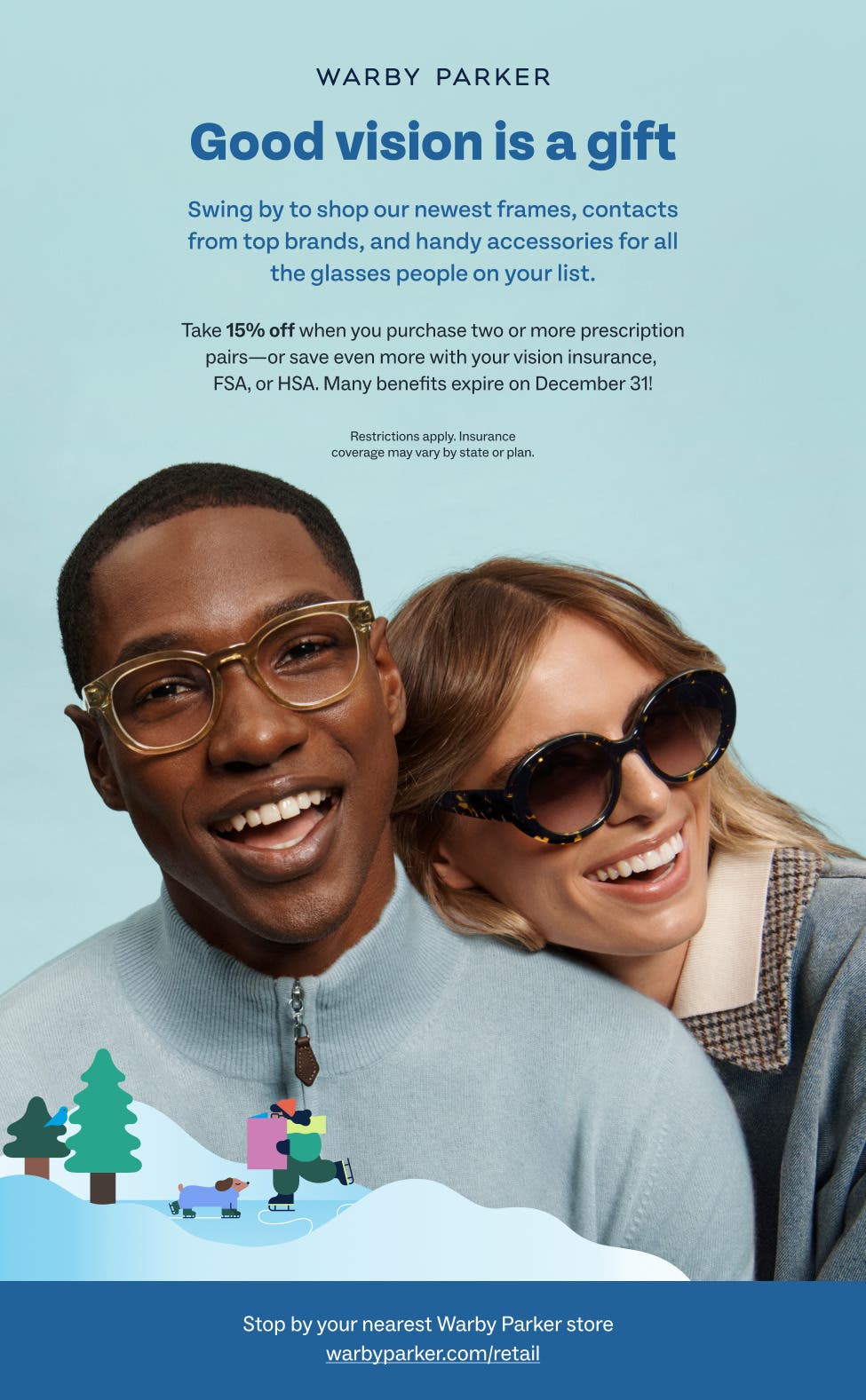 Save 15% off two or more pairs of prescription glasses and sunglasses at Warby Parker Milford