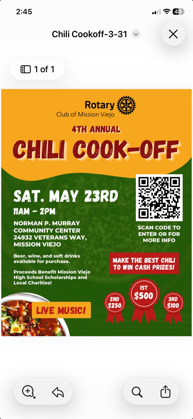4th Annual Mission Viejo Rotary Chili Cook Off. MAY 23