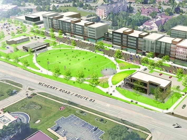 A conceptual rendering looking southwest from Route 83. The project, according to the Village, includes a mix of retail, office and residential with first floor commercial. 