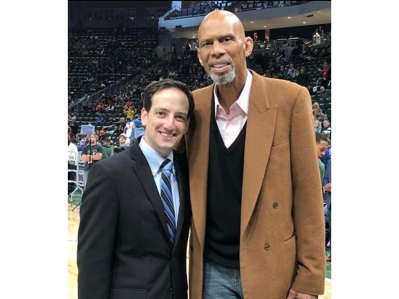 Glenview native Scott Grodsky poses with legendary Basketball Hall of Fame player Kareem Abdul-Jabbar at a Milwaukee Bucks' game. 