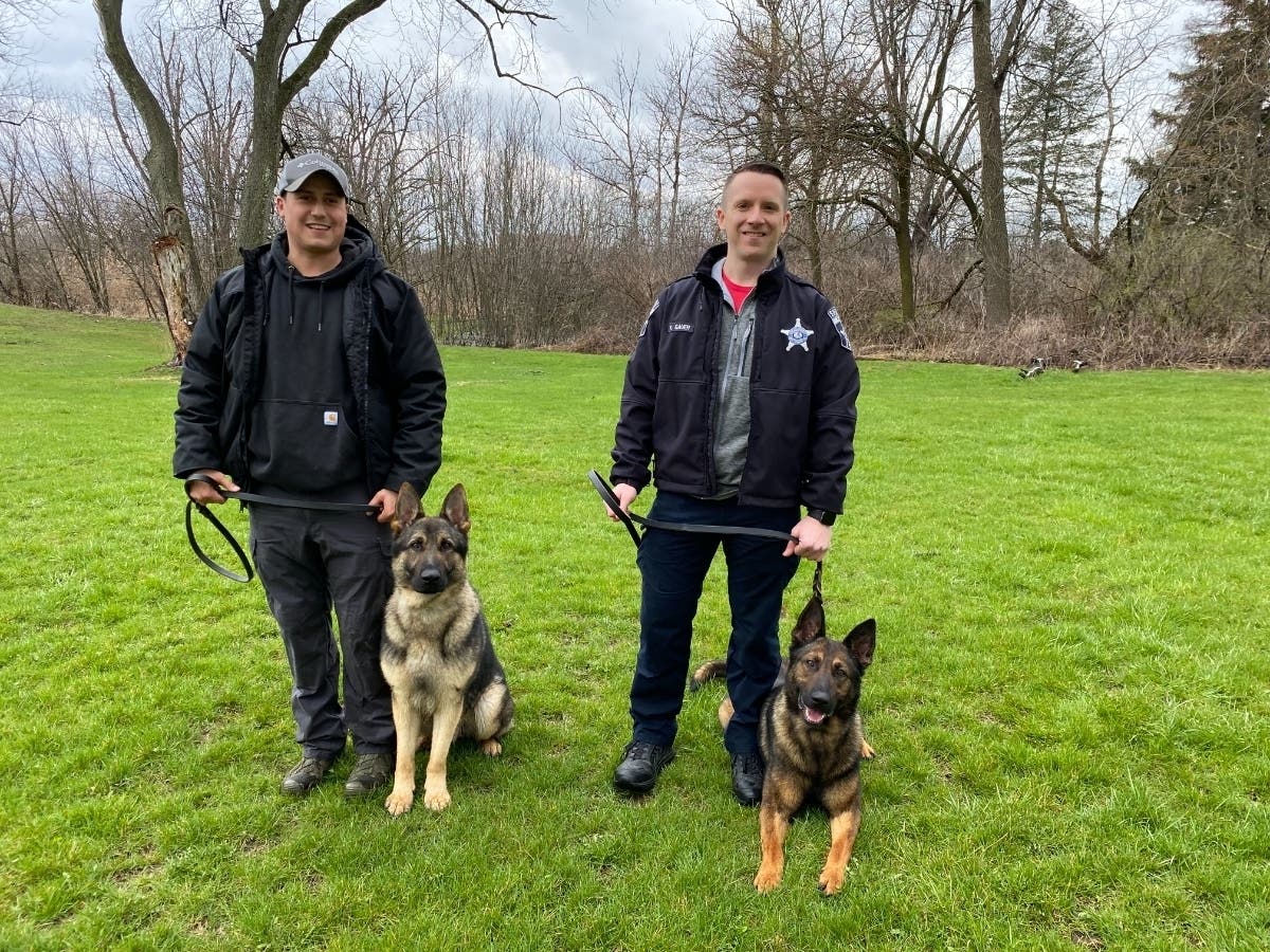Deputy Tyler Girmscheid and K-9 Echo (left), and Deputy Kevin Gauer and K-9 Axel. 