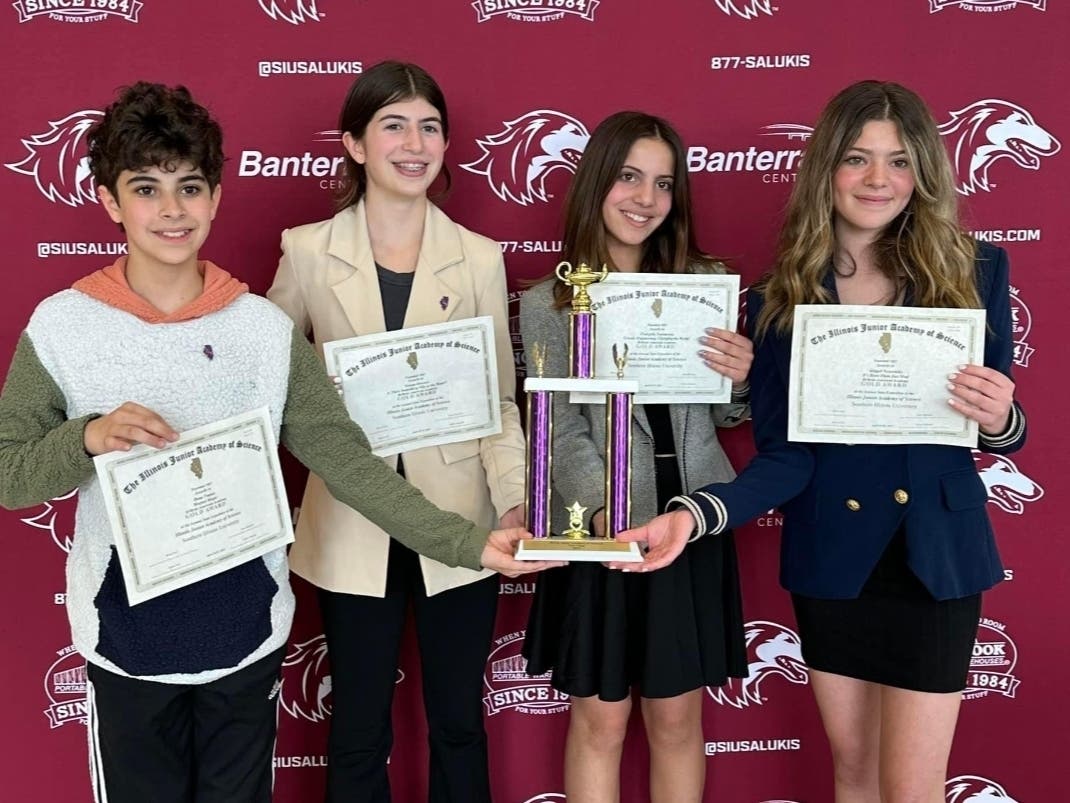 Hellenic American Academy students (left to right) Dean Tranas, Yianna Drossos, Evangelia Tsatsaronis and Abby Nosovitsky won at the State Illinois Junior Academy of Science Fair. 