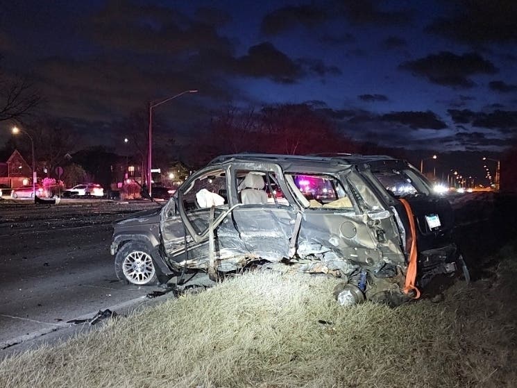 Police said a BMW's front end struck a Jeep's driver's side, resulting in a T-bone type impact, seen here.