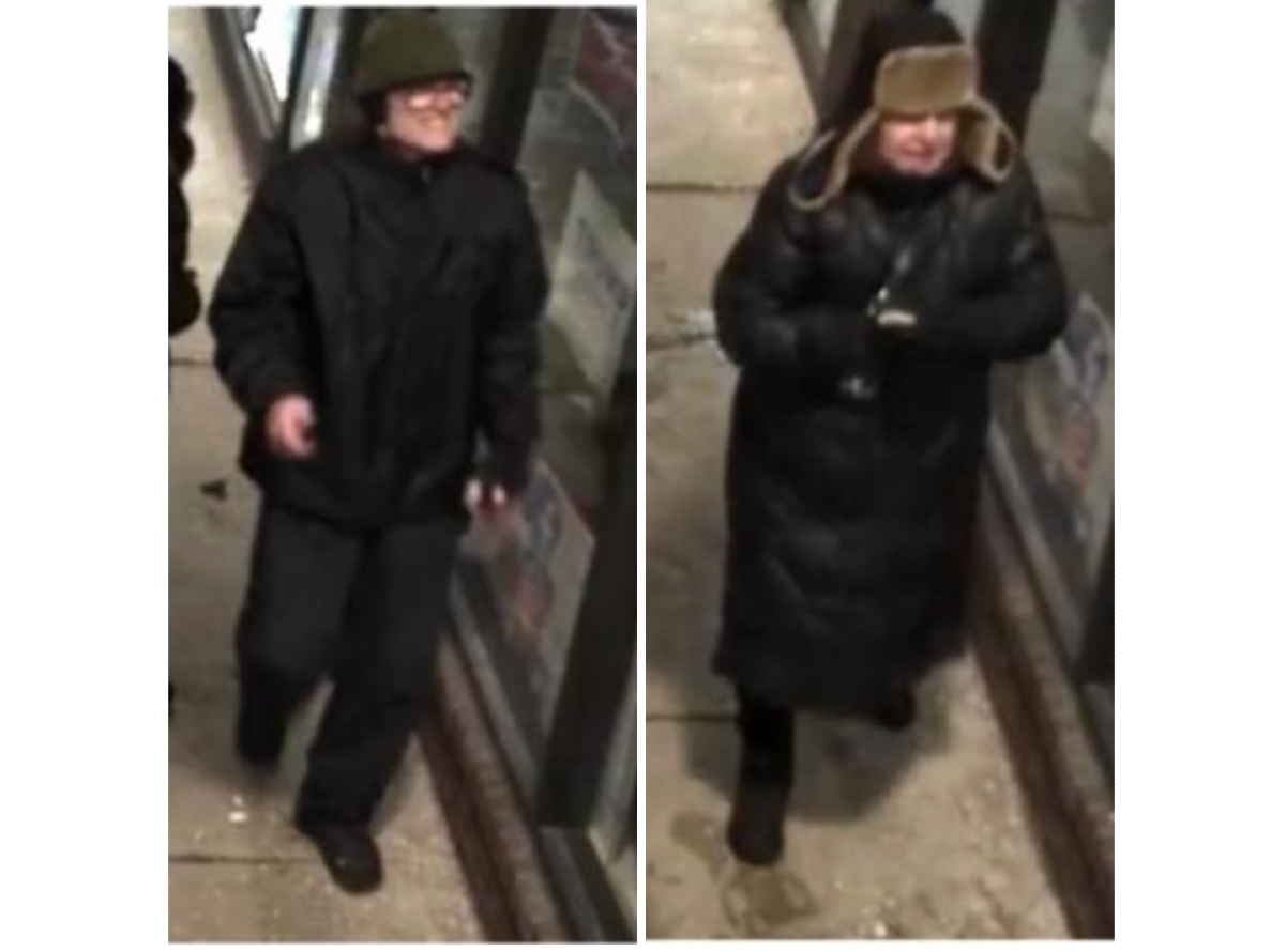 Police said the two men, seen here in an image taken from video surveillance of the incident, defaced the front windows using a permanent marker at around 11 p.m. Jan. 25. 