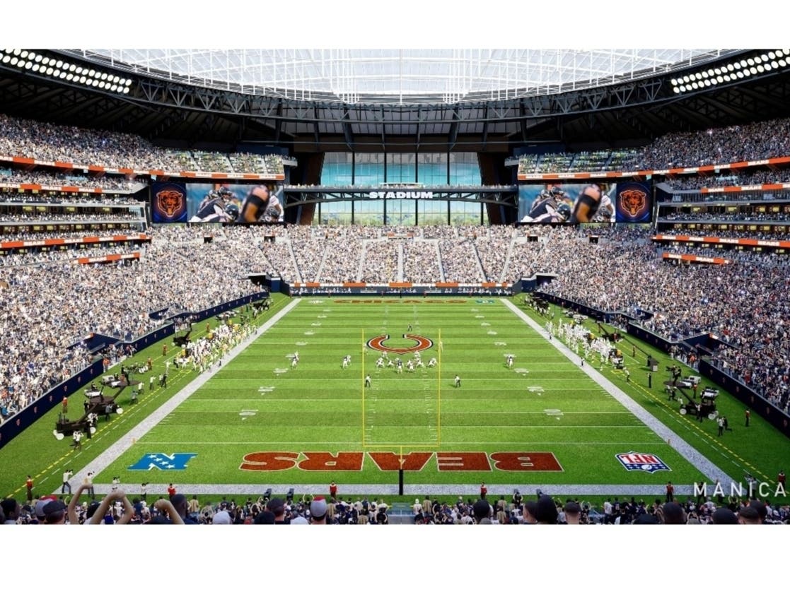 Manica Architecture, a Kansas City-based firm hired by the Chicago Bears in 2022 to assist in the conceptual design process for a new stadium at Arlington Park, released renderings of the proposed project last October.  
