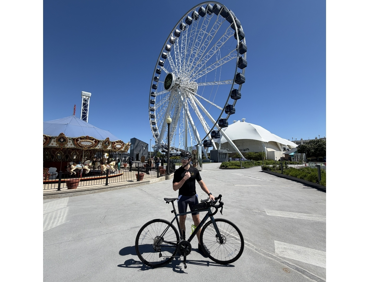 Rory Perlow, seen here at Chicago's Navy Pier, has been training at Vision Quest in Chicago with Robbie Ventura and Dave Noda, along with riding on his own most days.