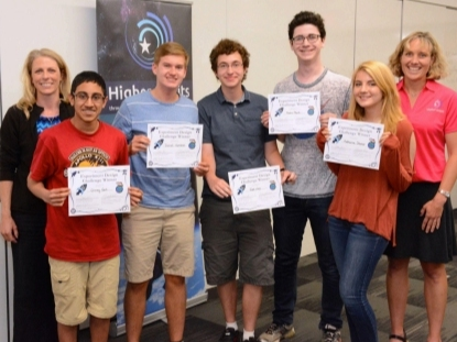 Winners from the first GFL! at Deerfield High School in 2015, with Michelle Lucas (far left) and Dottie Metcalf-Lindenburger (far right), had their experiment sent to the International Space Station in 2017.