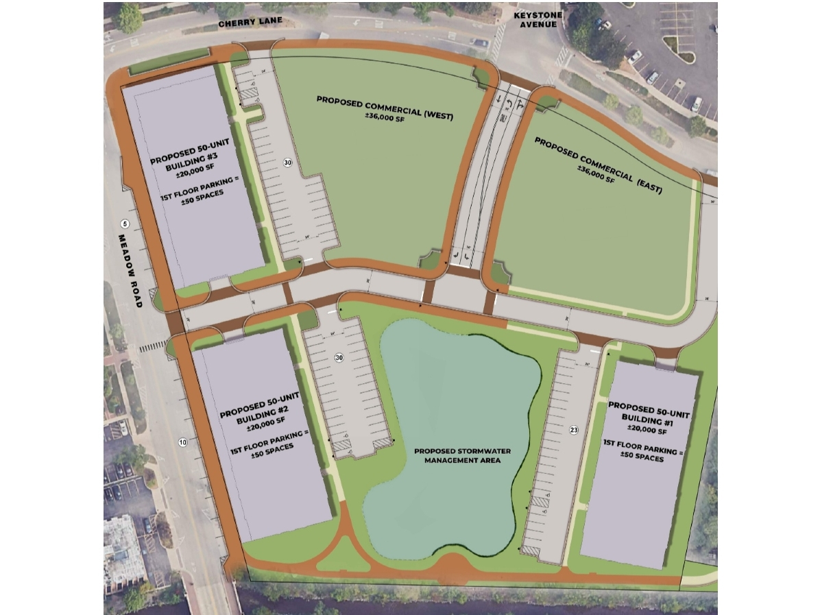 A proposed concept site plan for the proposed redevelopment of Meadow Plaza is shown. 