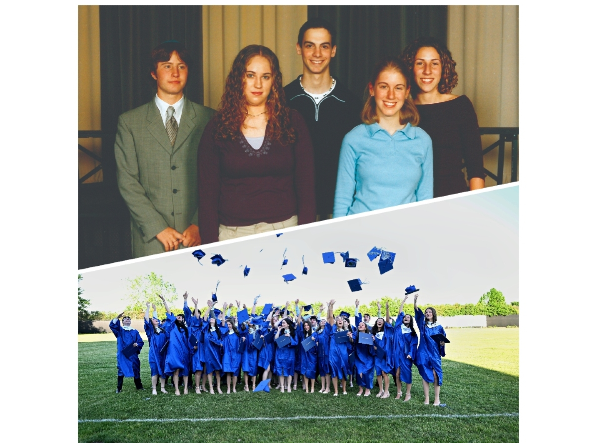 Top Photo: Graduating Class, 2004: Rochelle Zell Jewish High School's first graduating class, 2004. Bottom Photo: Graduation 2026: Rochelle Zell Jewish High School students celebrate graduation in 2026.