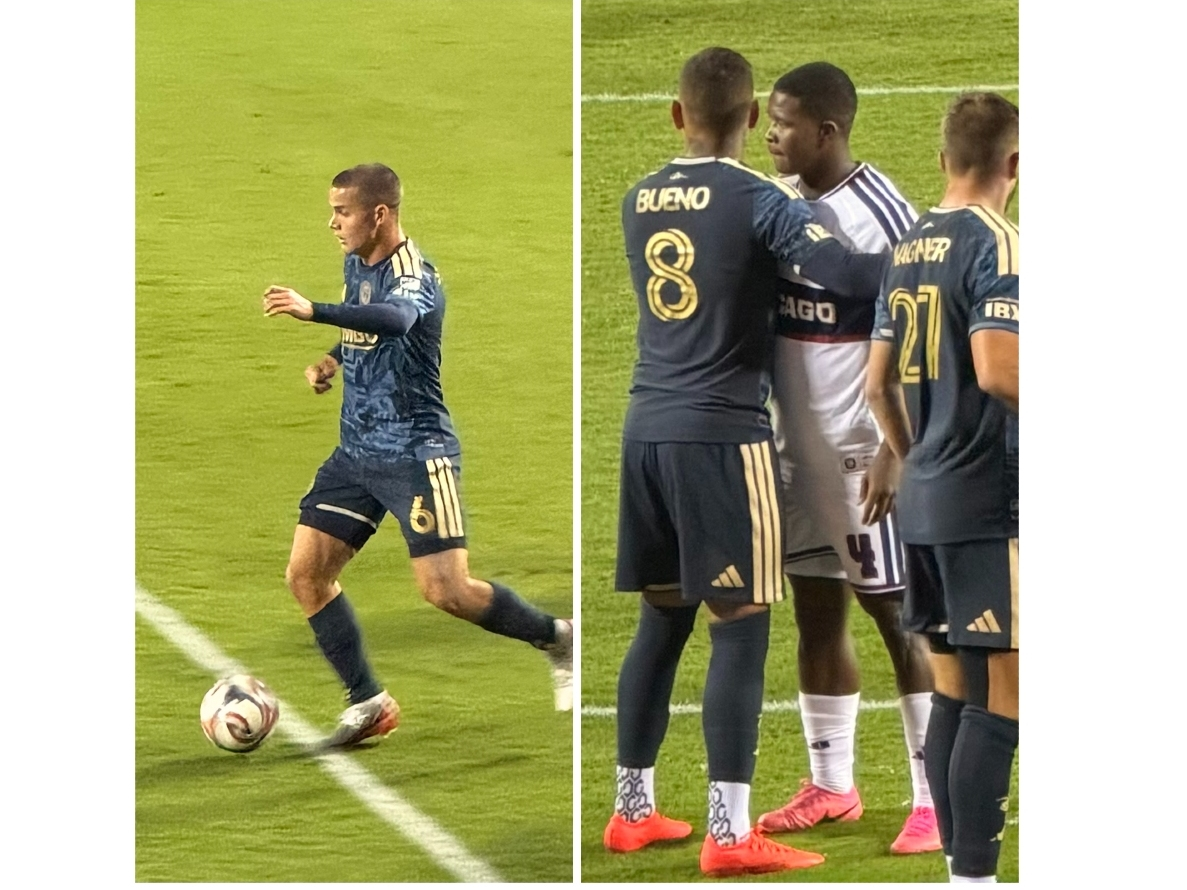 Philadelphia Union player Cavan Sullivan (left) and Chicago Fire defender face off on Oct. 14 at Soldier Field.