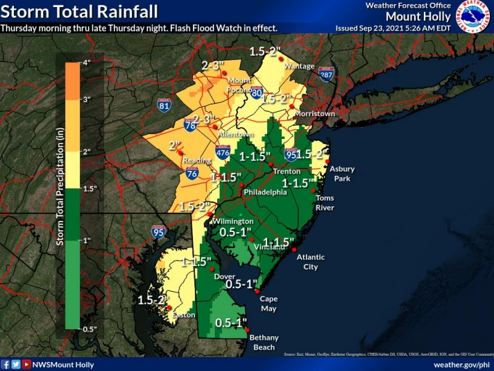 A flash flood watch remains in effect for northern and central New Jersey, beginning around 4 p.m. on Thursday and lasting until 8 a.m. on Friday.