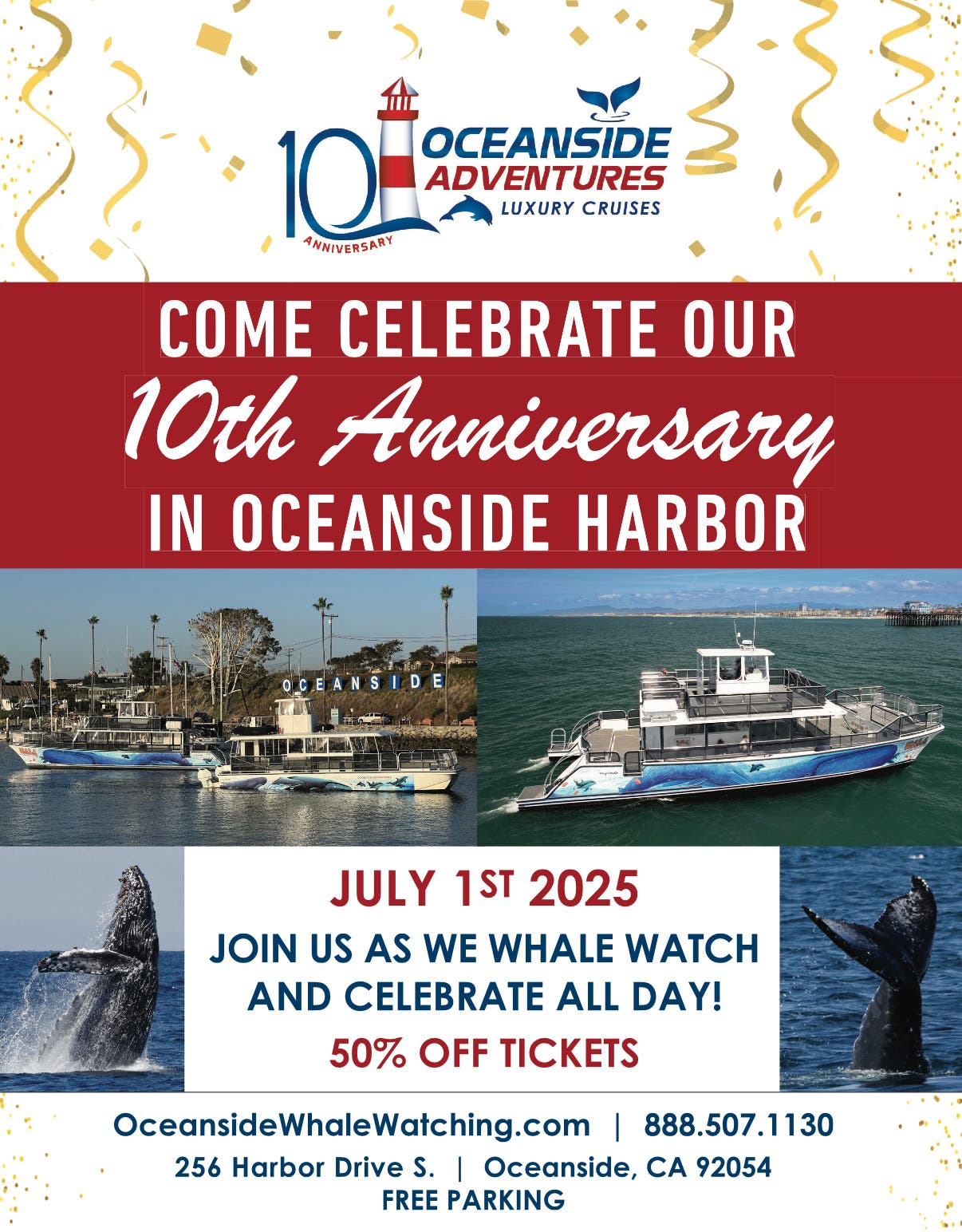 Come Celebrate 10 years of Whale Watching in Oceanside with 50%