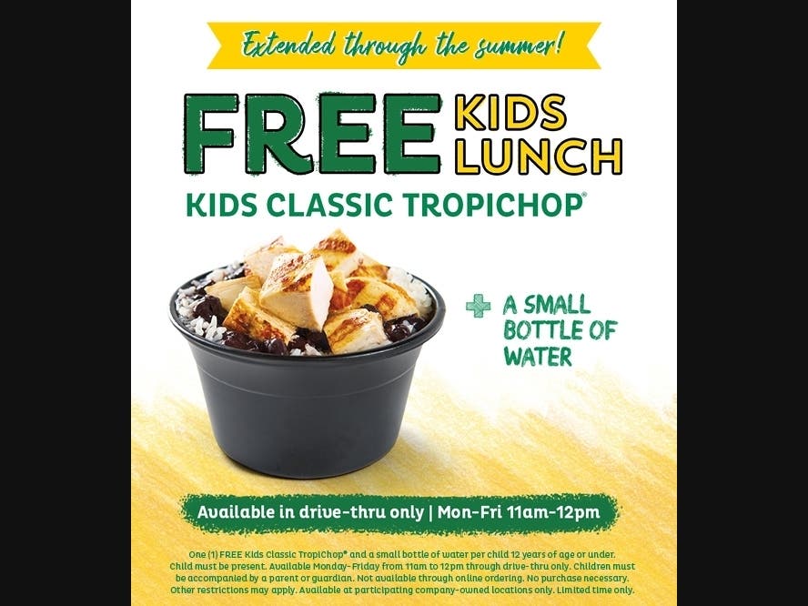 Pollo Tropical® is now offering all kids Free Kids Meal Tropichops through the summer, at all 139 company-owned Florida locations