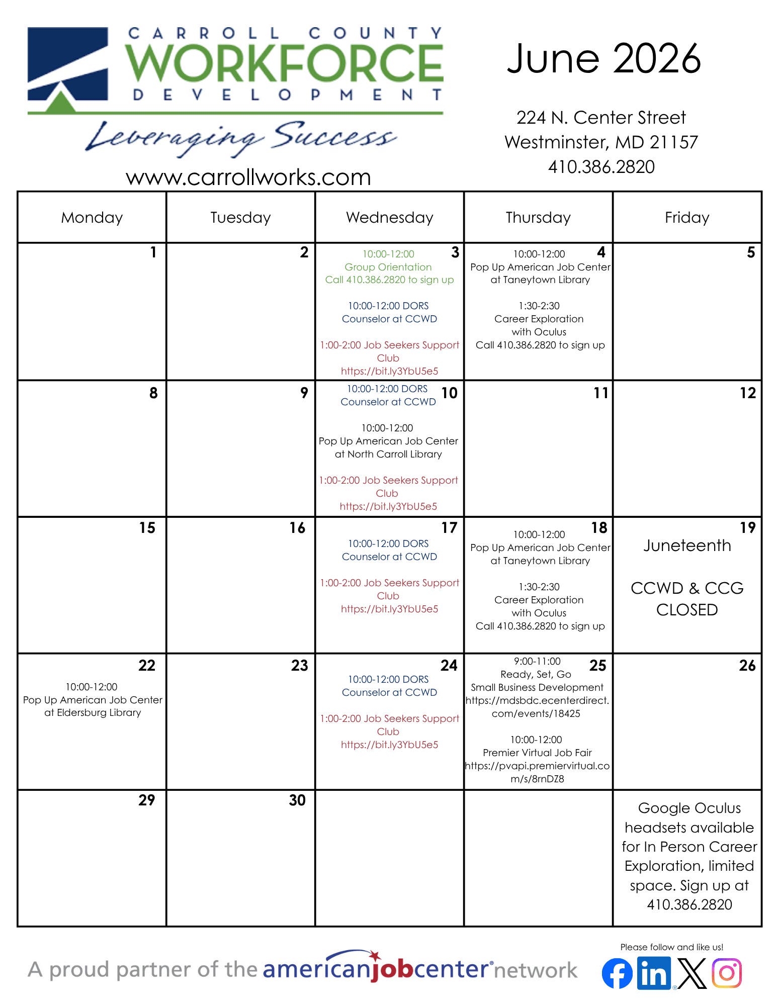 Employment events in June at Carroll County Workforce Development