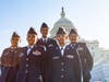 (above) Cadet Second Lieutenant Varija Mehta is first from right and Cadet Chief Master Sergeant Jadon Pinto is third with cadets from the Captain “Bud” Jackson Composite Squadron.