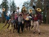 Some of the cast members of CBEast's performance "Oklahoma!" on the front lawn of the former residence of Oscar Hammerstein II.