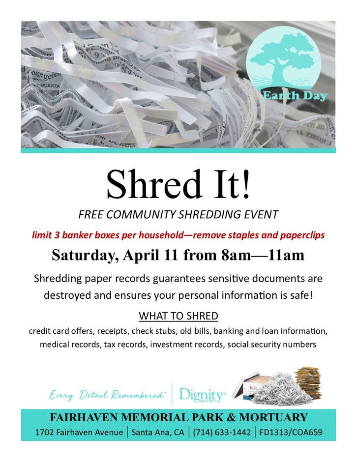 Apr 11 | Shred It! Free Community Shredding Event | Orange County, CA Patch