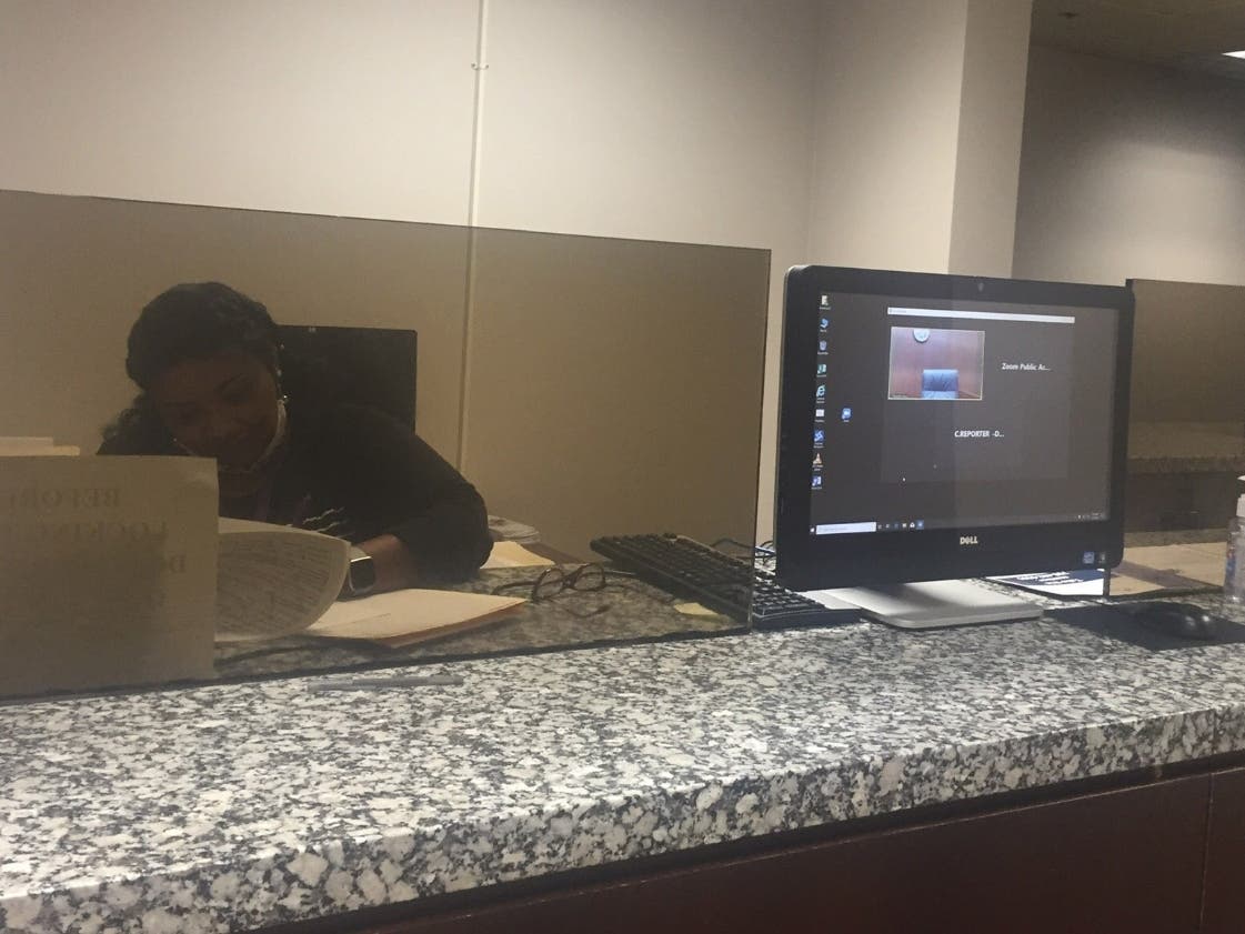 A Crisis Center Court Advocate works at the courthouse. Advocates have been present at the present at the courthouses regularly throughout the pandemic to provide essential services to victims in person. 