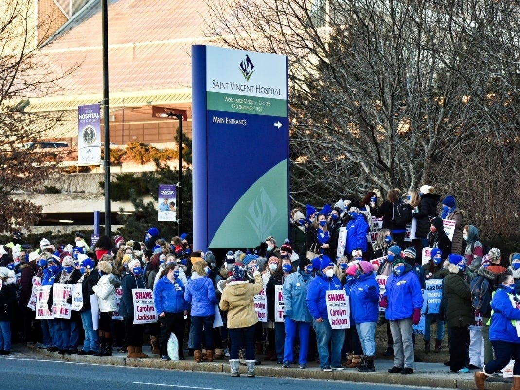 The scene outside St. Vincent Hospital in Worcester shortly after 6 a.m. on March 8 when nurses walked off the job.