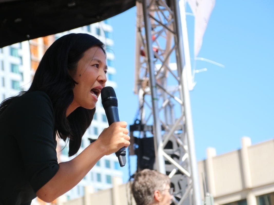 Councilor Michelle Wu speaks at the Boston Climate Strike in 2019.