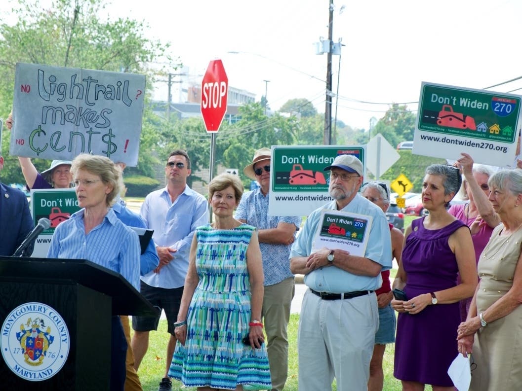 Critics of the I-270 expansion project say it doesn't account for environmental concerns and will only ease traffic congestion for those who are able to pay high tolls. Pictured above: The co-chair of Citizens Against Highway Expansion speaks.