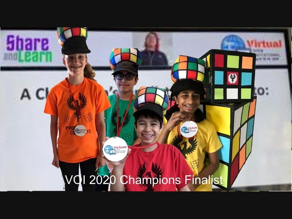 Members of the Phoenix Cubitects team - Jensen Coonradt (left, orange), Aadil Barkat (middle-left, green), Marc Townsend (middle-right, red), and Zoya Siddiqui (yellow, right) pose virtually for this team picture