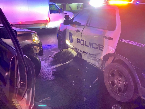 A woman who ‘admittedly’ used her phone while driving struck a patrol car on Sunday as officers were investigating another incident.