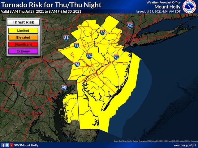 Tornado Watch Issued In 16 NJ Counties, Thunderstorms In Forecast ...