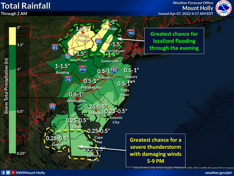 Up to two inches of rainfall is possible for parts of NJ, alongside localized flooding and thunderstorms. Here’s the latest. 
