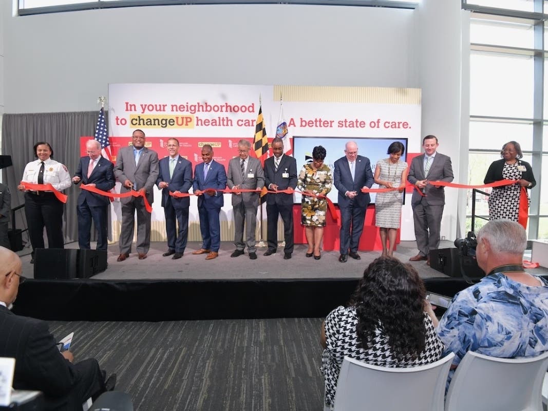 Gov. Larry Hogan, Prince George's County Executive Angela Alsobrooks and other officials cut the ribbon Tuesday at the University of Maryland Capital Region Medical Center in Largo. The $550 million facility will open Saturday.