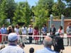 Anne Arundel County Executive Steuart Pittman, Annapolis Mayor Gavin Buckley and other dignitaries cut the ribbon Monday on the "Guardians of the First Amendment Memorial" in Newman Park. The monument honors the victims of the Capital Gazette shooting.