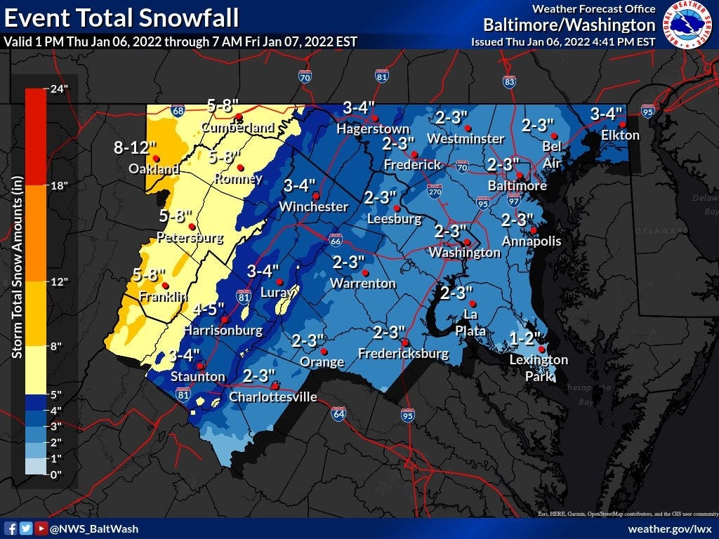 How much snow will Anne Arundel County get on Thursday, Jan. 6 and Friday, Jan. 7? Here's what the National Weather Service forecasted.