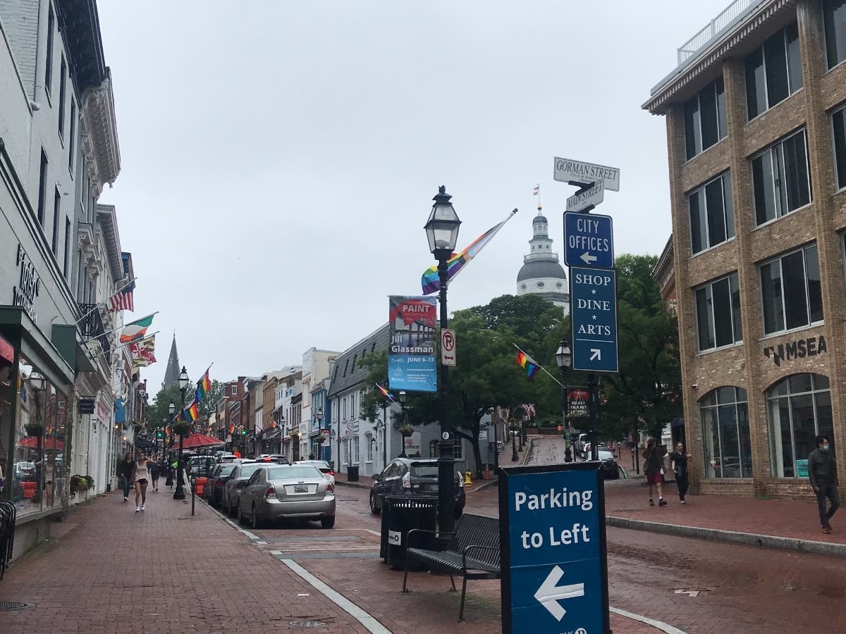 A pride parade and festival are coming to downtown Annapolis on Saturday, June 4. The photo above shows Main Street lined with pride flags last June.