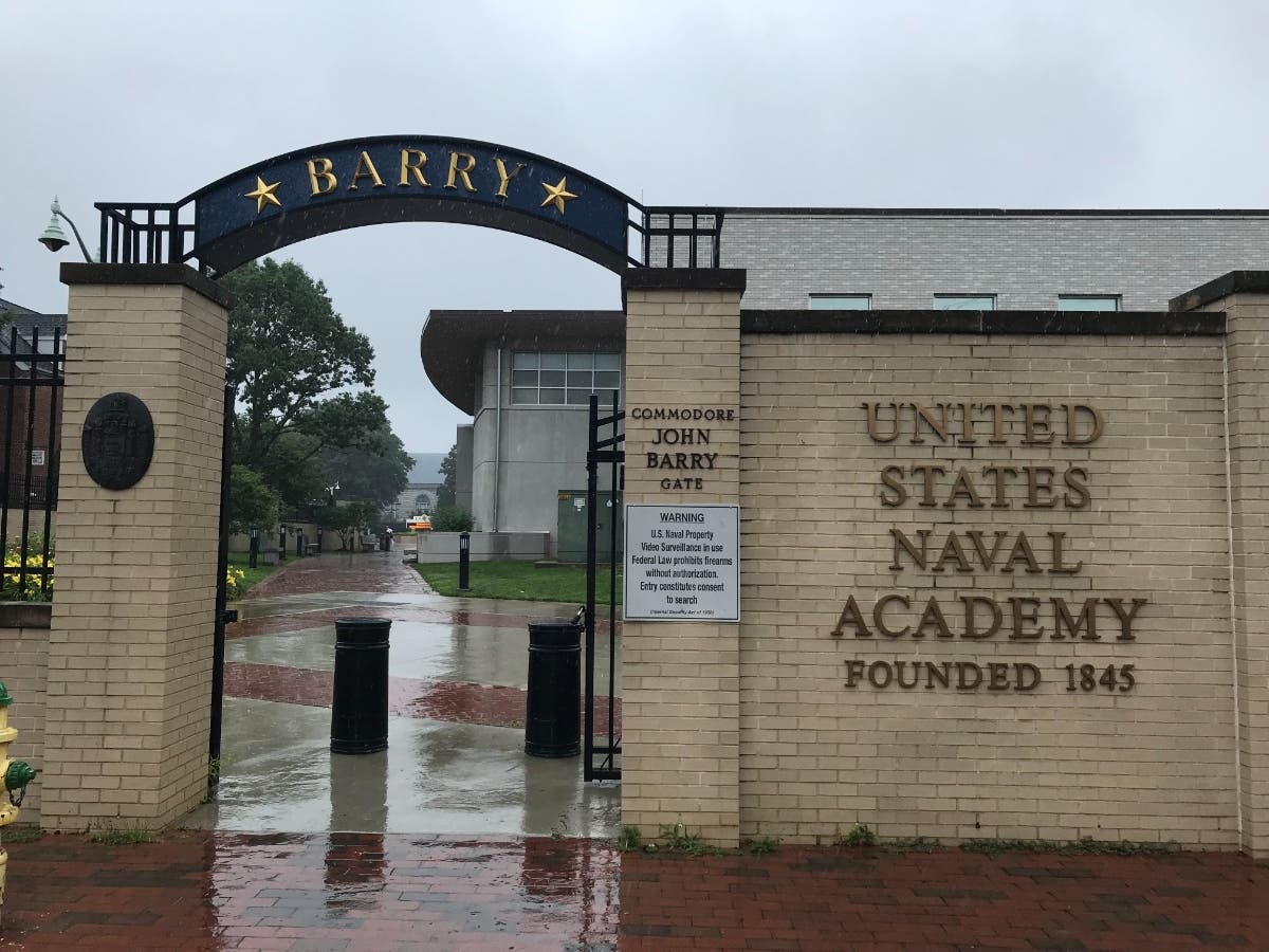 The United States Naval Academy announced that a midshipman died early Tuesday morning while they were on leave. An entrance gate at the Naval Academy is pictured above.