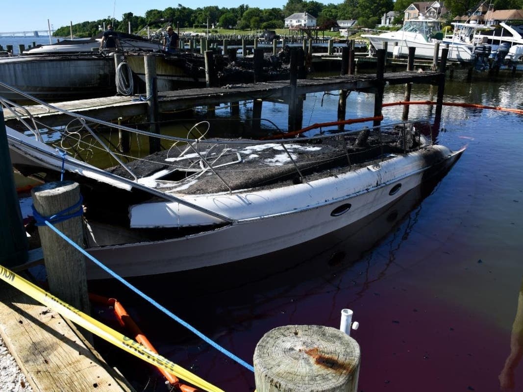 The Anne Arundel County Fire Department said a boat fire burned multiple vessels Thursday evening at Podickory Point Yacht & Beach Club in Annapolis. The scene is pictured is above.