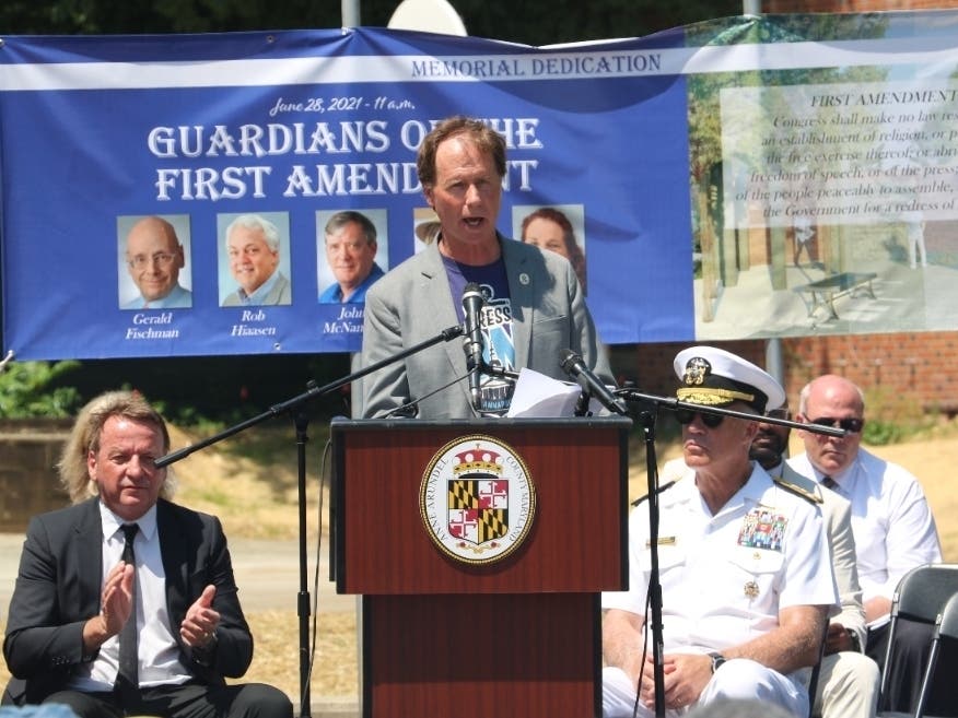 Anne Arundel County Executive Steuart Pittman announced his gun violence prevention plan on Tuesday, which was the fourth anniversary of the mass shooting at the Capital Gazette newspaper. Pittman is pictured above at an event on last year's anniversary.