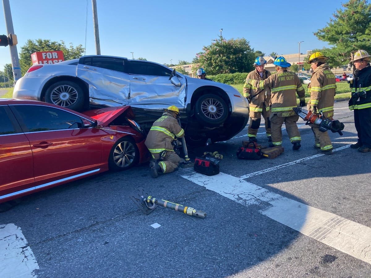 The Annapolis Fire Department said a multi-car pileup, which is pictured above, hospitalized two people and snarled traffic on Tuesday.