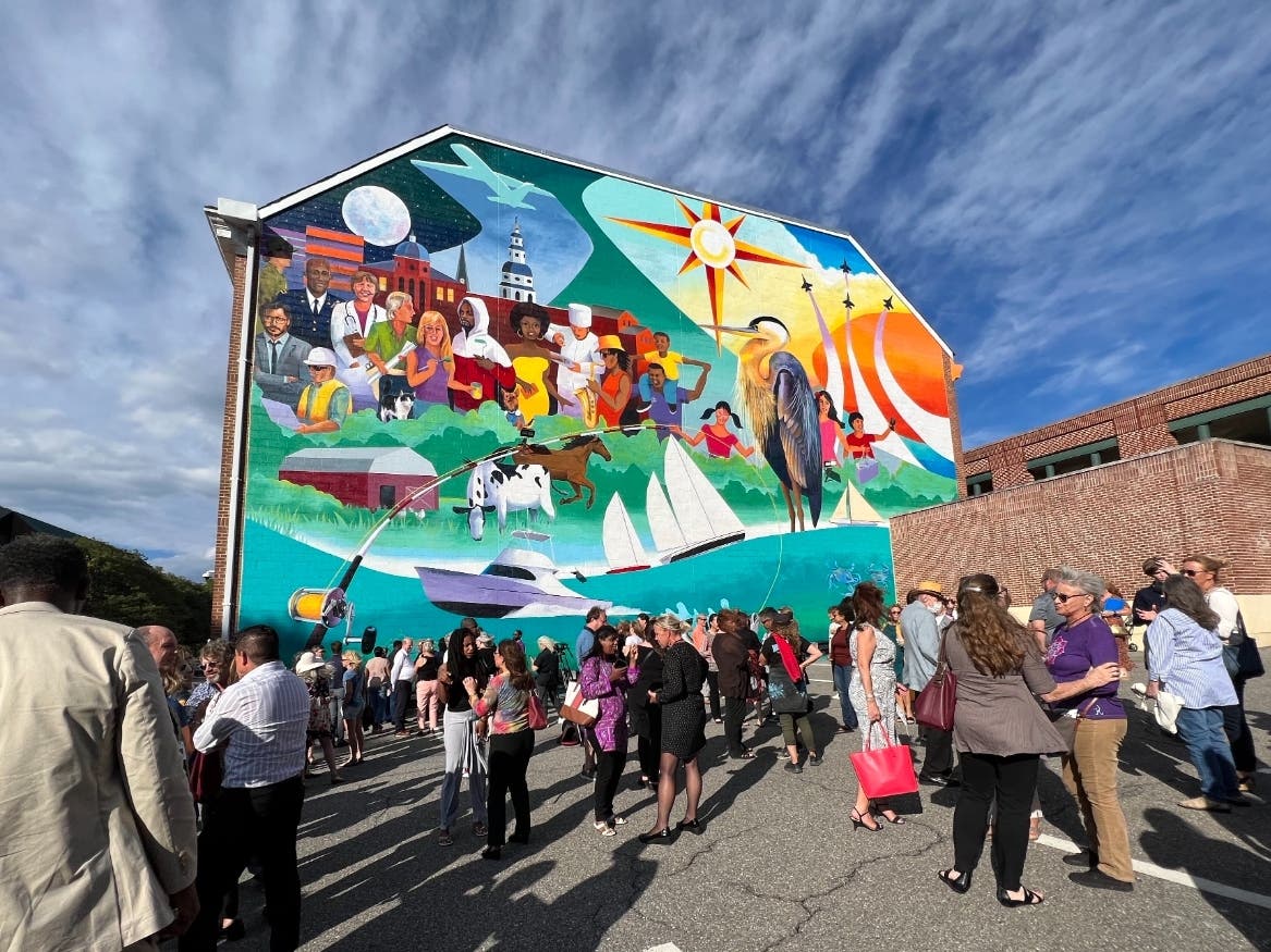Community members gathered Thursday in Annapolis to celebrate the new mural on the Arundel Center, which is pictured above.