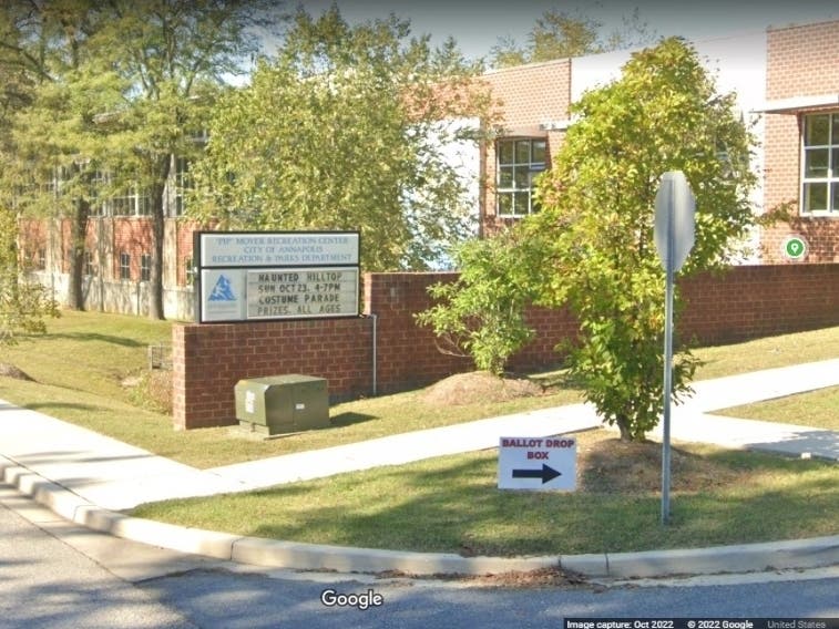 Eye On Annapolis reported that a Tuesday fight at the Pip Moyer Recreation Center hospitalized a man who was recording video outside the Anne Arundel County early voting location. Pip Moyer Recreation Center is pictured above on a different day.