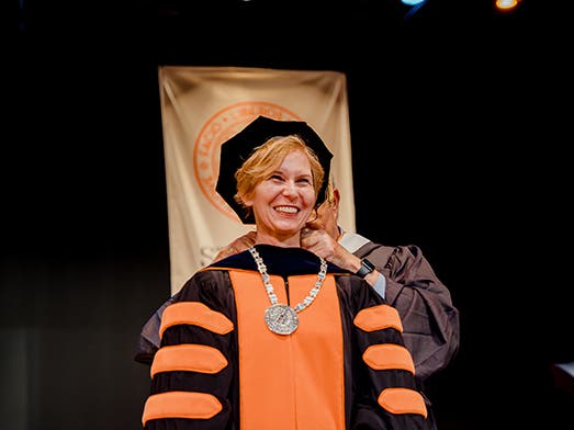 St. John's College on March 25 installed Nora Demleitner, pictured above, as the new president of its downtown Annapolis campus.