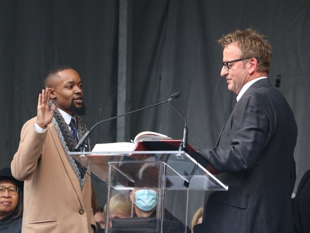 Annapolis Mayor Gavin Buckley, right, accused Ward 6 Alderman DaJuan Gay, left, of attending Monday's City Council meeting while "wasted." Gay denied the claims and told the mayor that was inappropriate. The two are pictured above at the 2021 swearing-in.