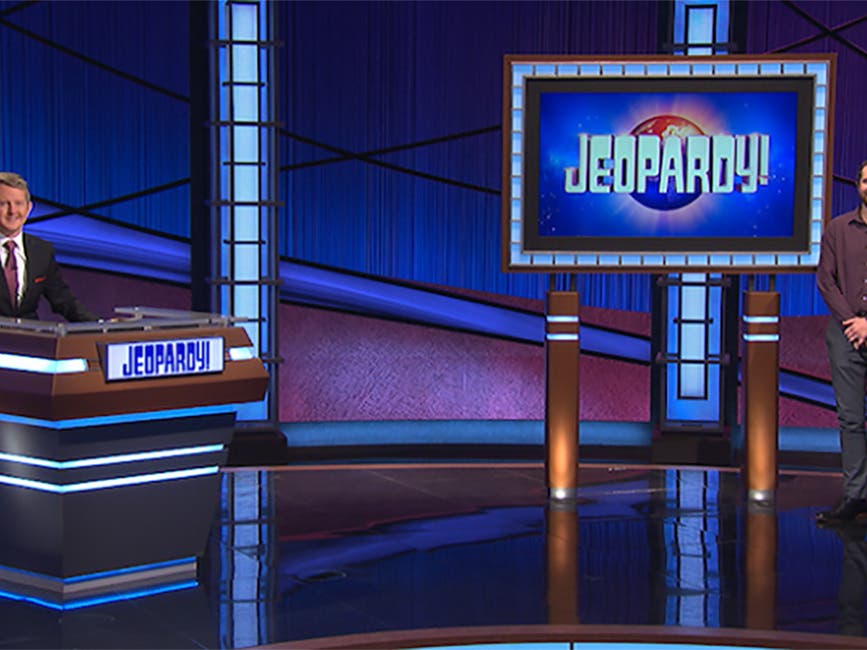 Henry Michaels ’14, right, with “Jeopardy!” guest host Ken Jennings. (Photo courtesy “Jeopardy!”)
