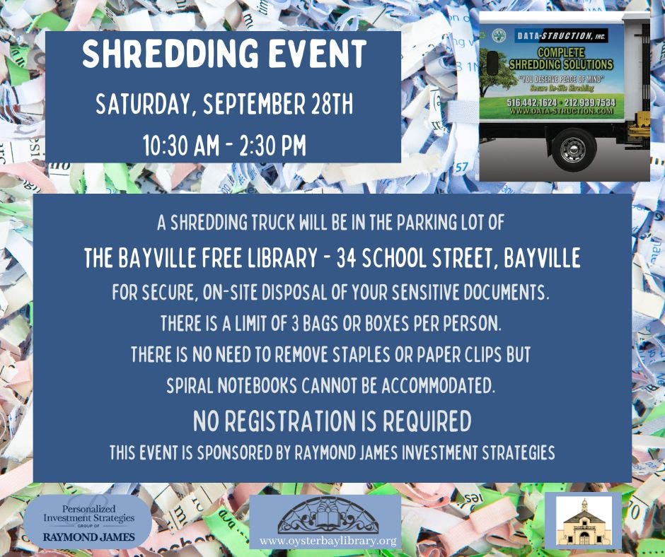 Sep 28 Annual Shredding Event held at Bayville Free Library