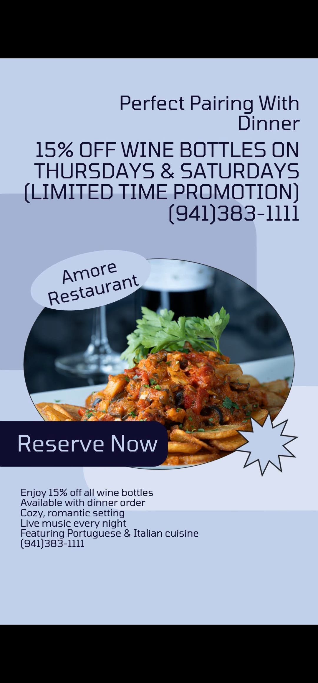 15% off all bottles of wine 